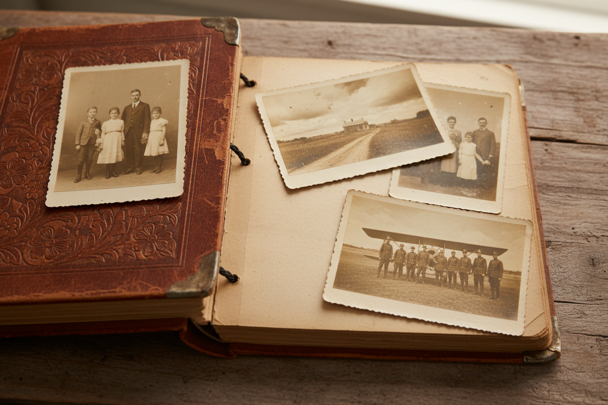 un album photo retro ouvert, avec des photos sépia à l'interieur